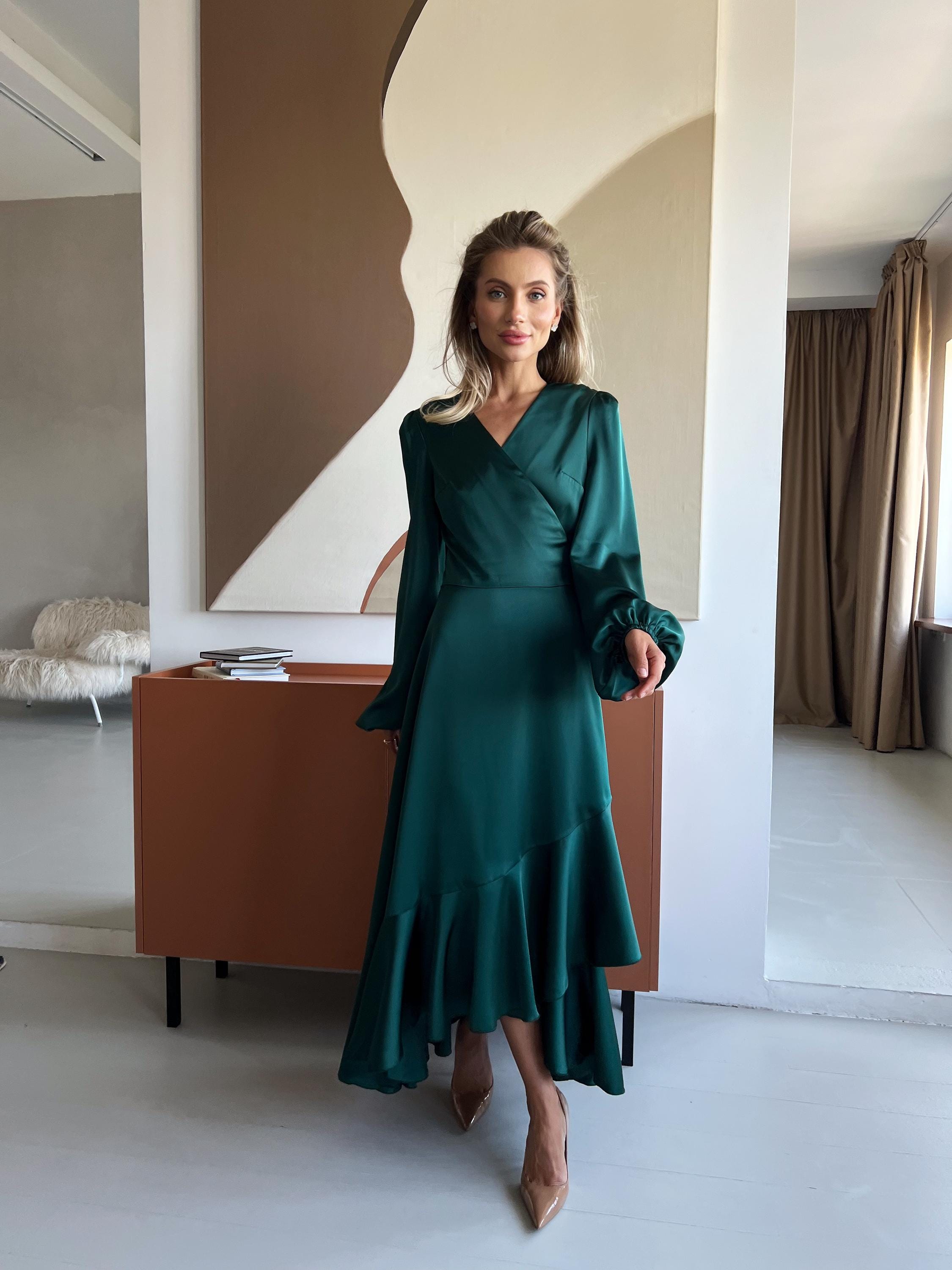 Emerald Green Silk Wrap Maxi Dress, Long Bishop Sleeve Formal Wedding Guest Evening Gown