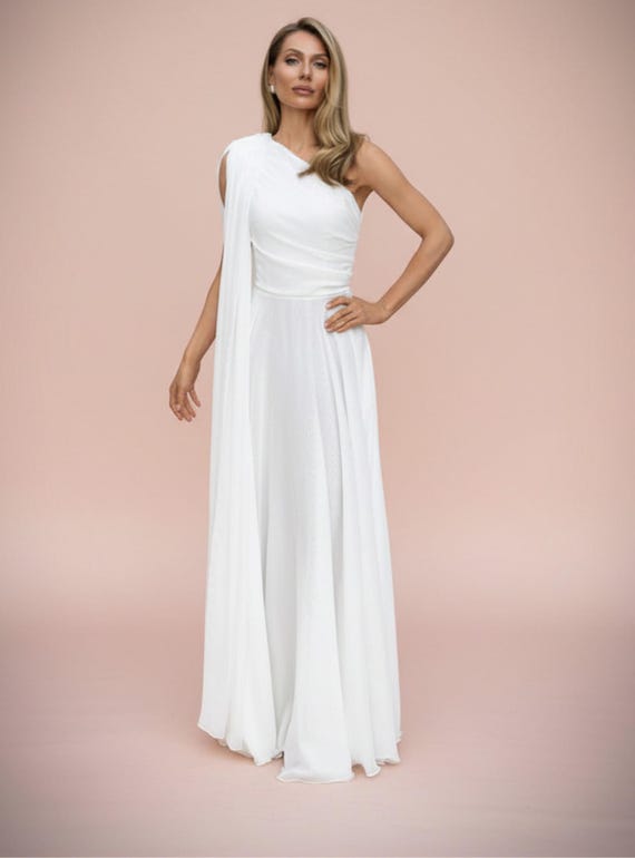stretch chiffon ivory long one shoulder dress White One-shoulder Maxi With a Cape Drape Dress Length_35