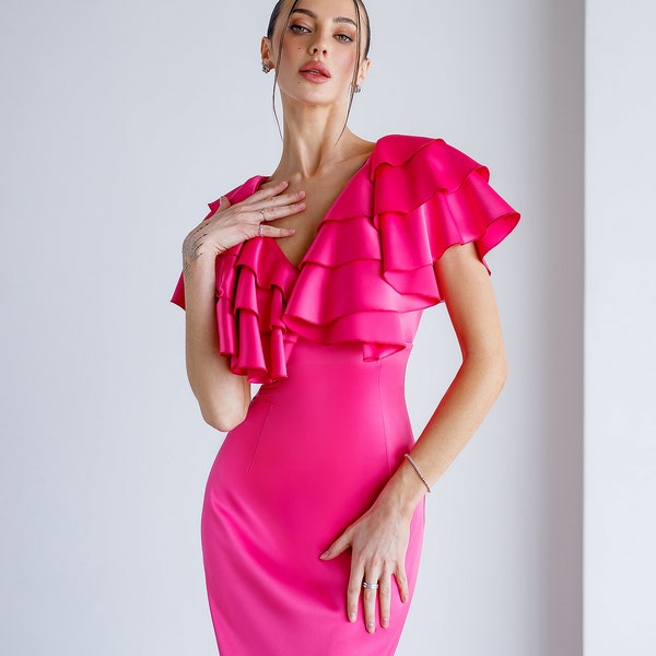 Hot Pink satin Midi Dress with Flounce Top, Bright Chic Midi Dress with Short Sleeves, Birthday Women Midi Dress