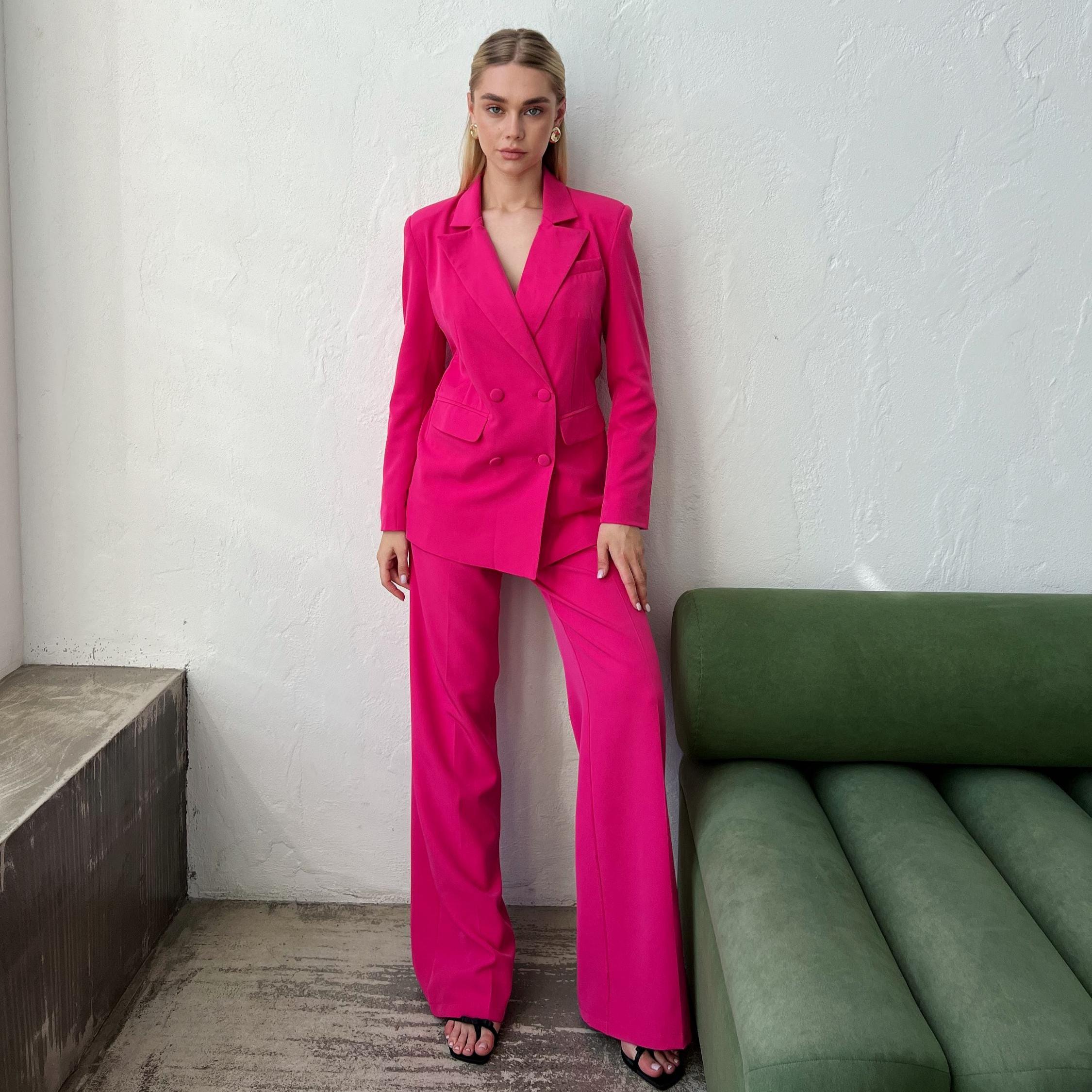 Hot Pink Pantsuit for TALL Women, Bright Pink 3-piece Pantsuit: Palazzo Pants, Crop top and Blazer, Pink Office Suit Womens