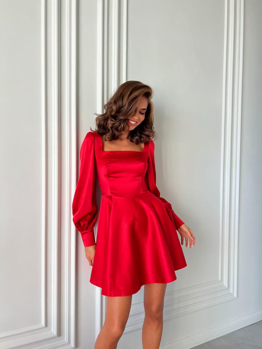 Red Dress Long Sleeve Holiday Party Dresses Puff Sleeve