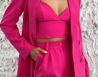 Fuchsia Three-Piece Pantsuit with Crop top and Wide Leg Pants for Women