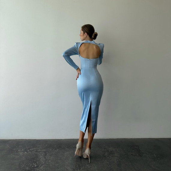 long blue fitted dress Long Fitted Prom Dress with Side Slit