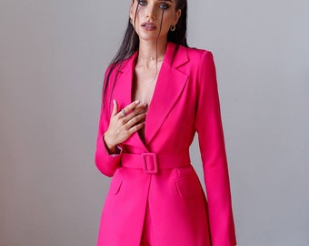 Hot Pink 2 piece Suit Set for Women Raspberry Pink Pantsuit With