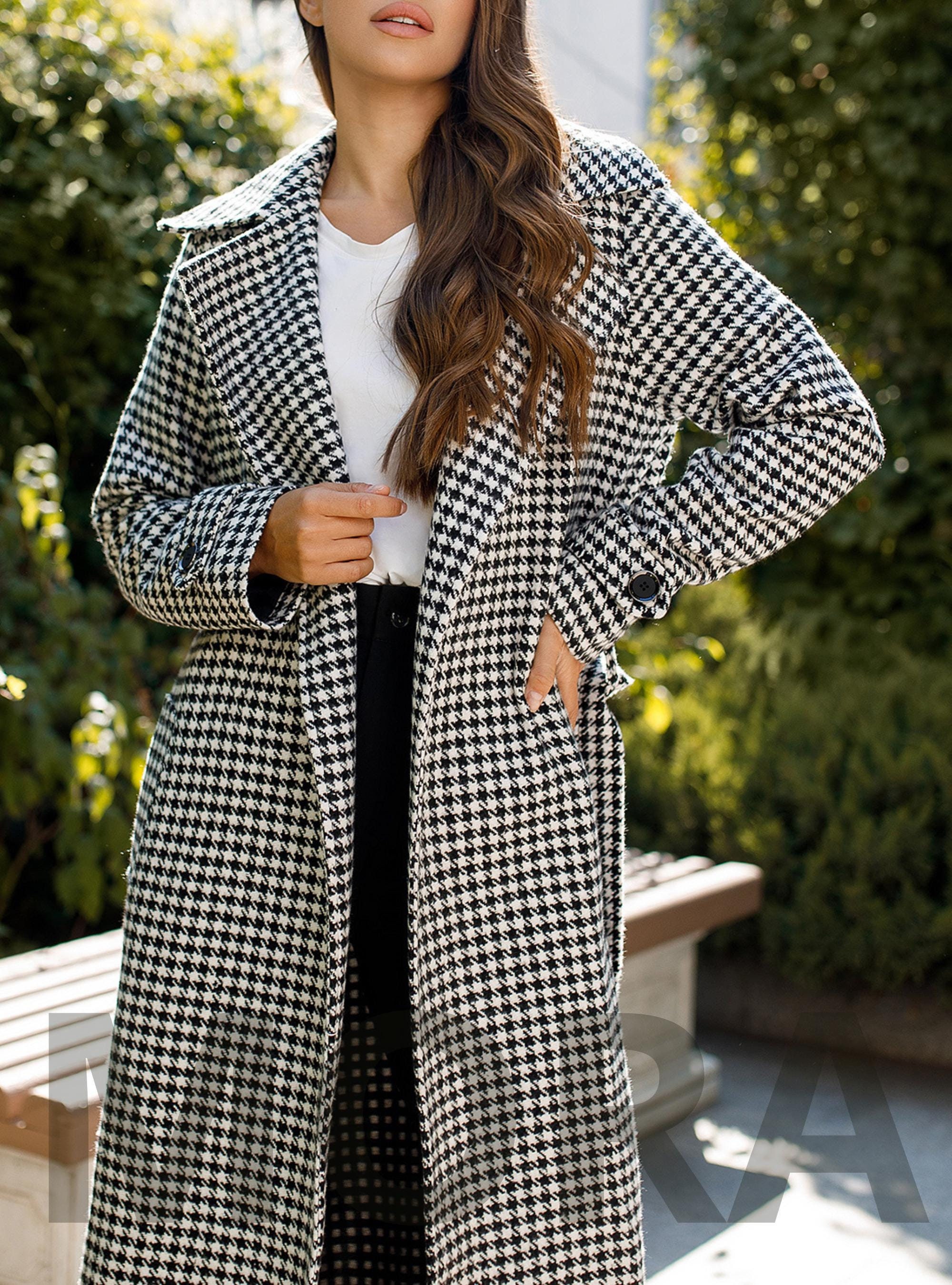 【気質アップ】 Black and White Houndstooth Spring Wrap Coat With Belt ジャケット・アウター