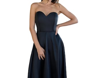 Black Satin Corseted midi Sleeveless dress for Special Occasions and celebrations