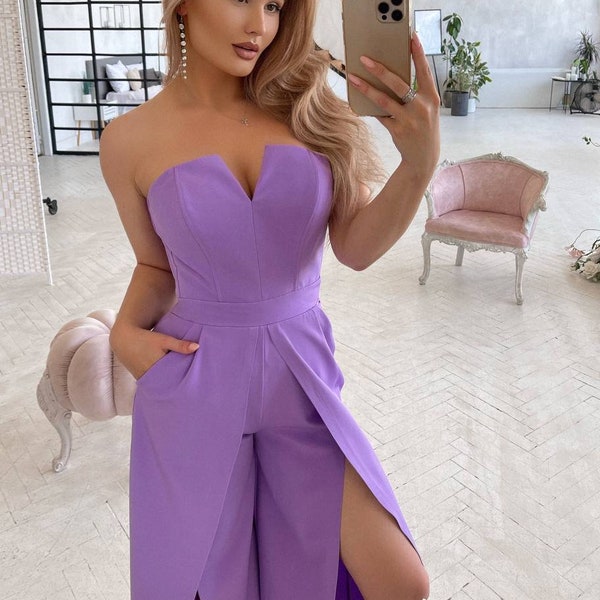 Lavender wide leg Jumpsuit for Women, Purple Corseted jumpsuit for special occasions, Wedding Guest Jumpsuit, Women Formal Romper Wide legs