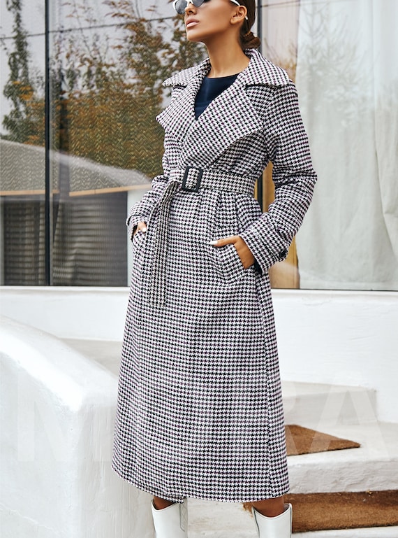 Houndstooth Coat Womens Long Wool Coat Belted Wool Coat for Women Double breasted Overcoat for Women Houndstooth Wool Coat Womens Etsy Denmark