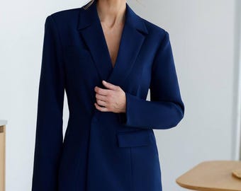 Tall Women's Navy Blue Viscose Pantsuit: Long Blazer & Trousers Set