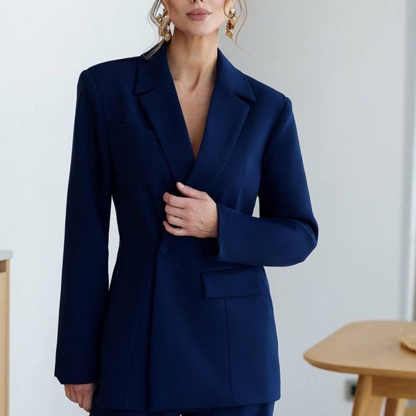 Tall Women's Navy Blue Viscose Pantsuit: Long Blazer & Trousers Set