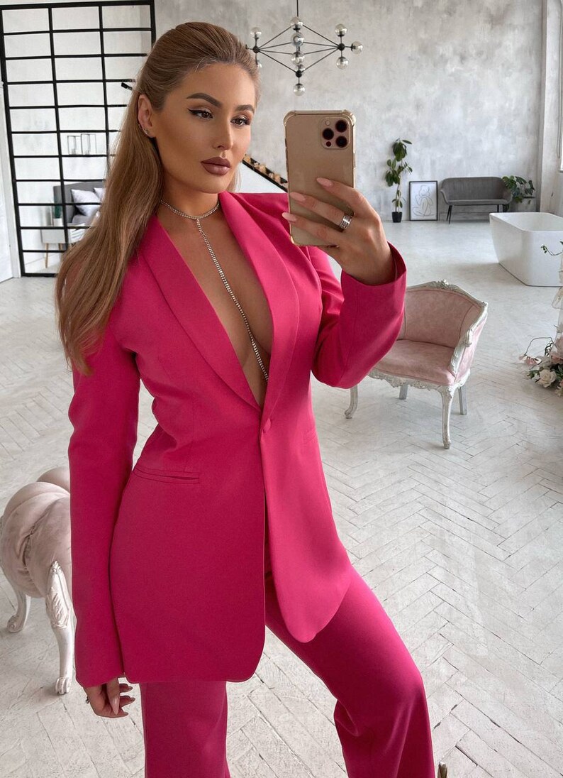 Hot Pink Flared Pants Suit Set With Blazer Pink Blazer Etsy