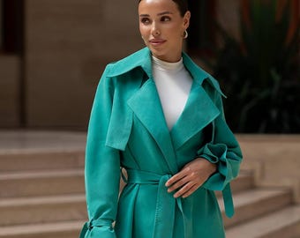 Cotton Belted Trench Coat with Double-Breasted Closure, Lightweight Spring Jacket for Women