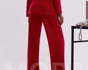 Traje blazer rojo para mujer, pantalones de pierna ancha de talle