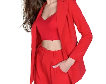 Bright red pantsuit with belted blazer For office and city looks