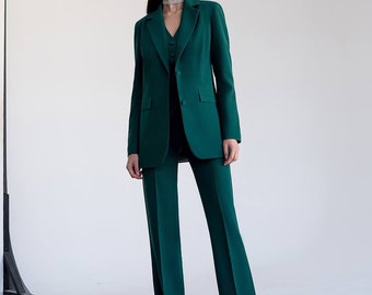 Emerald Green Pantsuit for Women, Emerald Formal pants suit set for Women, Women's Formal 3-piece pants suit, Emerald Blazer Trouser Womens