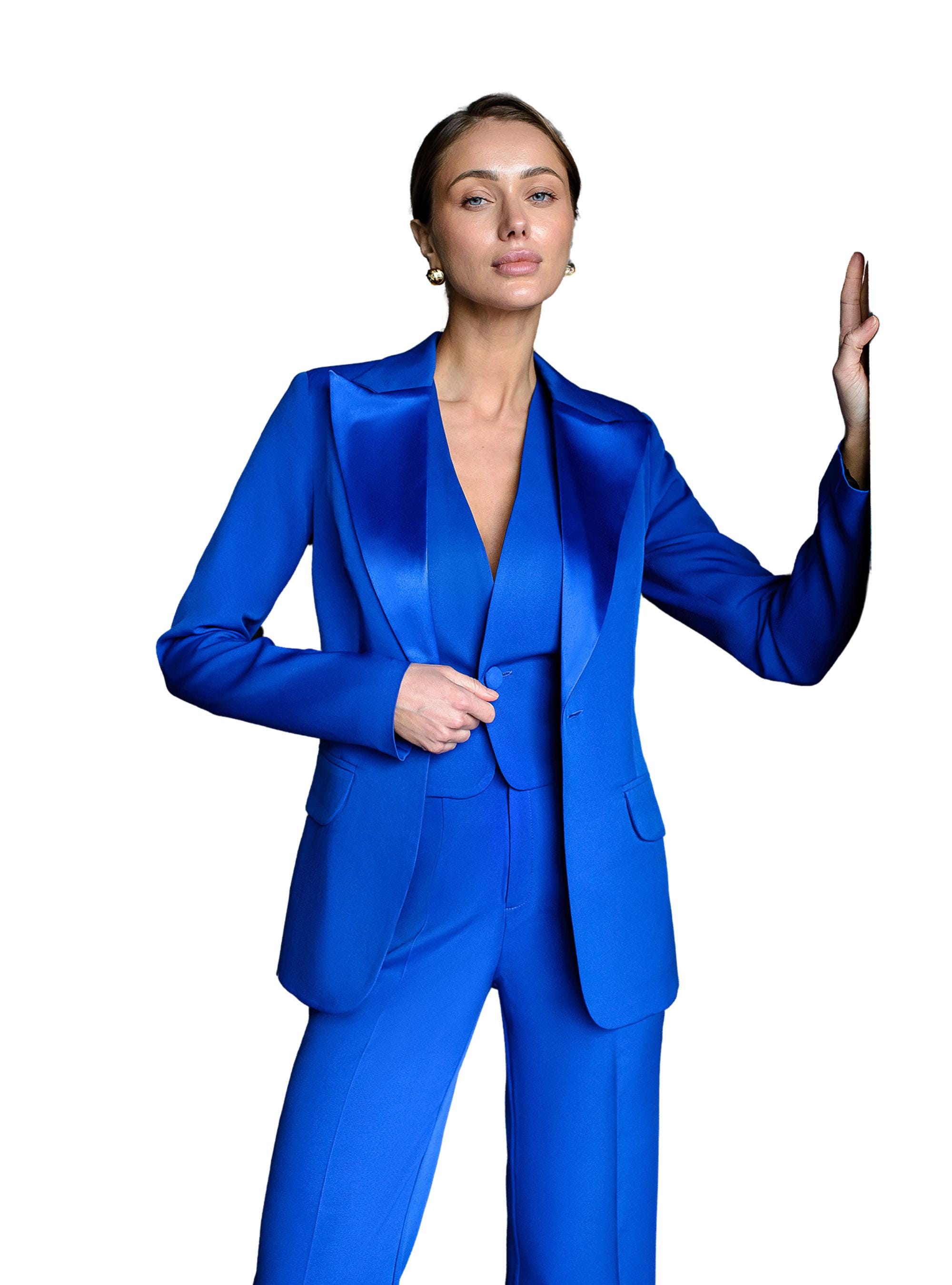 Royal Blue Formal Pantsuit for Women With Satin Lapel Collar Blazer Straight Pants and Vest Blue Business Casual Blazer Trouser Suit Etsy Canada