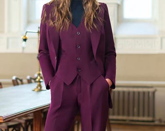 Pantsuit Women Burgundy Three-Piece Suit Set, Satin Lapel Tailored