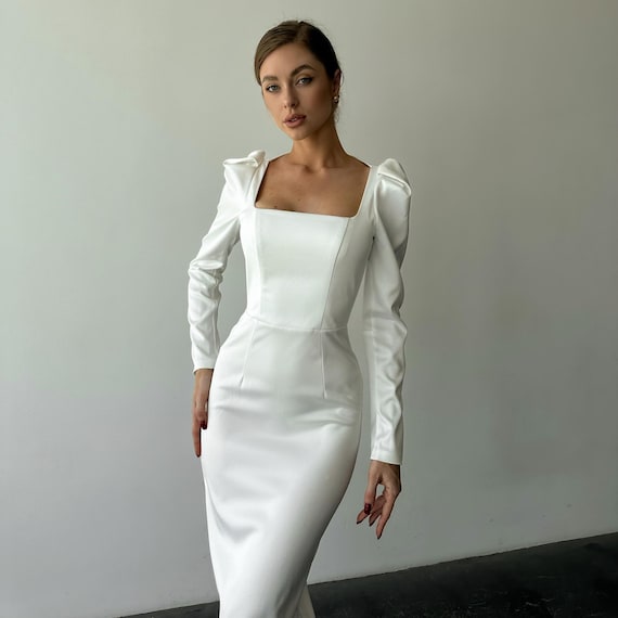 White Satin Midi Dress: Long Sleeve Open Back Modern Elopement Gown
