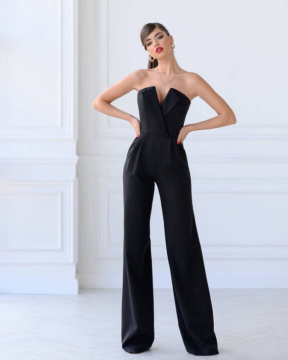 Black Formal Jumpsuit Womens, Wedding Guest Outfit, Women Jumpsuit