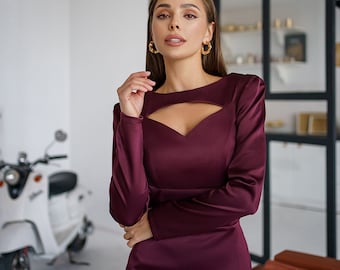 Burgundy Satin Midi Dress with Long Sleeves, Satin Cut Out Midi Dress, Satin Midi Sheath Dress for Women, Christmas Party Dress