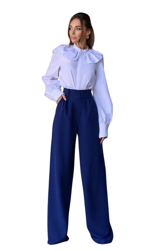 Navy Blue High Waist Pants for Women, Blue Wide Leg Pants for