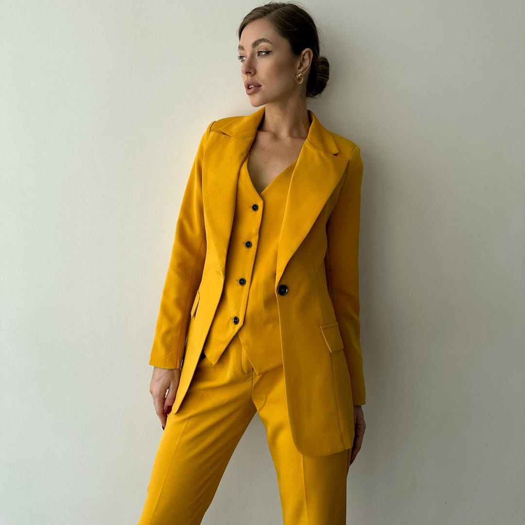 Mustard Yellow Womens Suit, Office Women Piece Suit With Slim