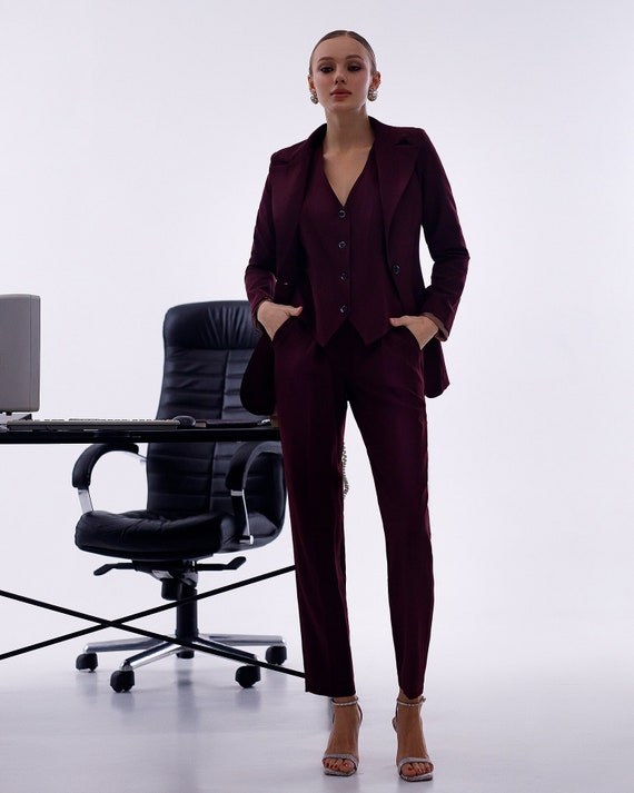 Burgundy Womens Blazer Trouser Suit, Lady Boss Pantsuit, Business Casual  3-piece for Women, Purple Vest Suit Womens 