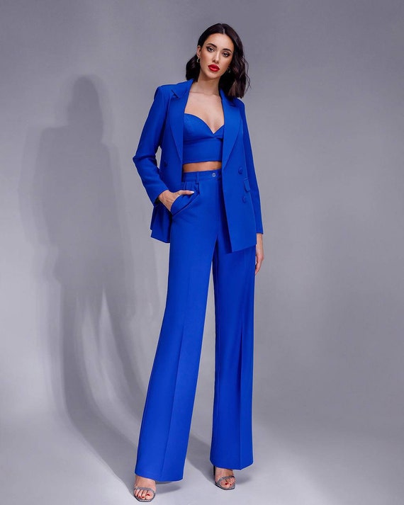 Royal Blue Pantsuit Formal for Tall Women, Blue 3-piece Pantsuit