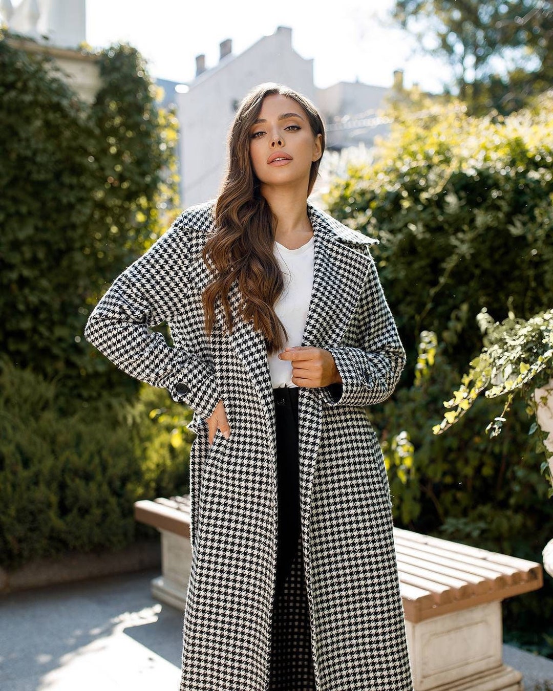 Black and White Houndstooth Wrap Coat Womens, Classy Fall Outerwear for ...
