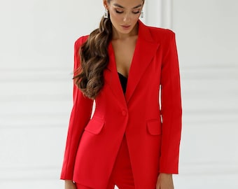 Traje de pantalón rojo formal para mujer, traje de pantalón rojo para oficina, traje de negocios para mujer, traje de pantalón blazer rojo para mujer