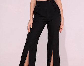 Bell Bottoms Pants for Women, Flared Pants Women, High Waist Trousers with front slits, Black Front slits pants for women