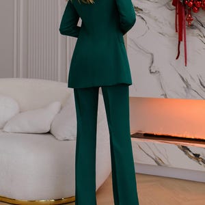 Layered Formal Long Sleeve Scoop Neckline Pantsuit Dark Green