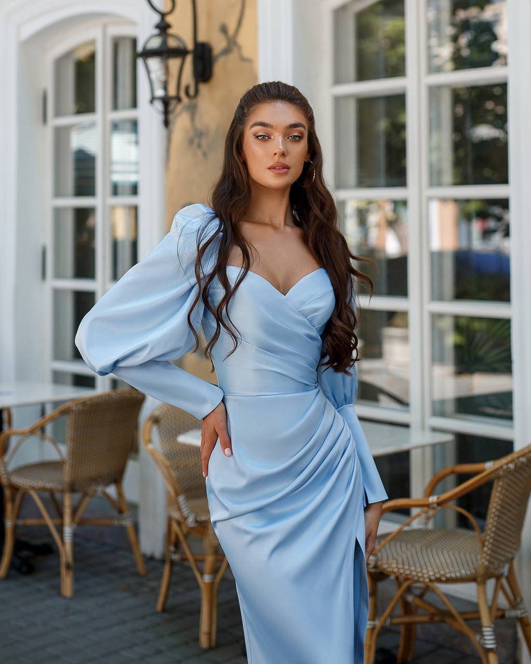 Light Blue Satin Midi Dress Long Cuffed Sleeve Midi Dress Etsy