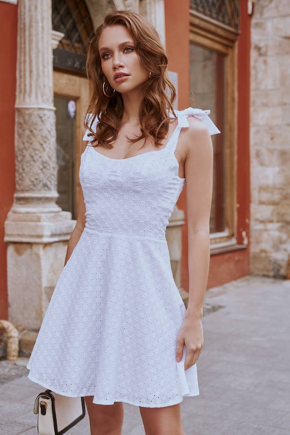 White Broderie Anglaise Mini Dress, White Cotton Sundress for