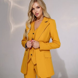 Yellow Formal Suit, Office Women 3 piece Suit with Slim Fit Pants, Buttoned Vest and Single-Breasted Blazer,Office Wear, Classic Womens Suit