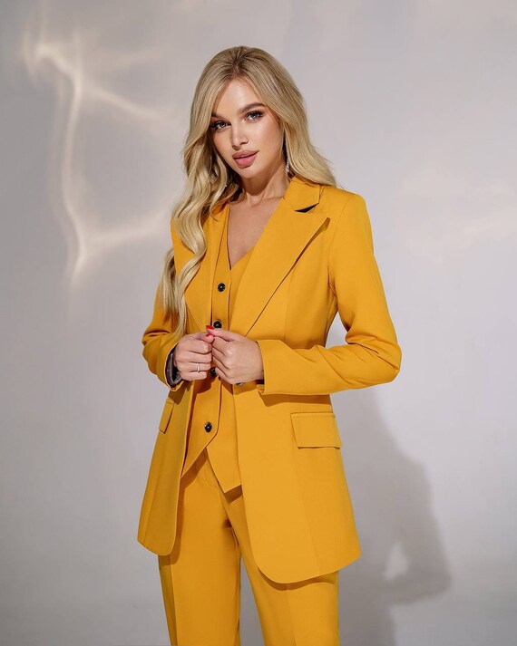Yellow Formal Suit, Office Women 3 Piece Suit With Slim Fit Pants