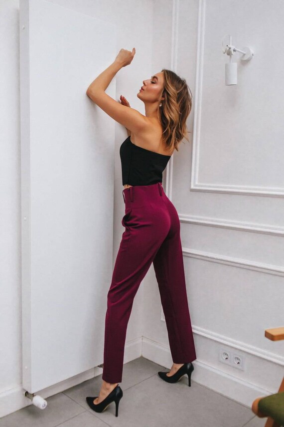 Burgundy Pants Women High Rise Burgundy 