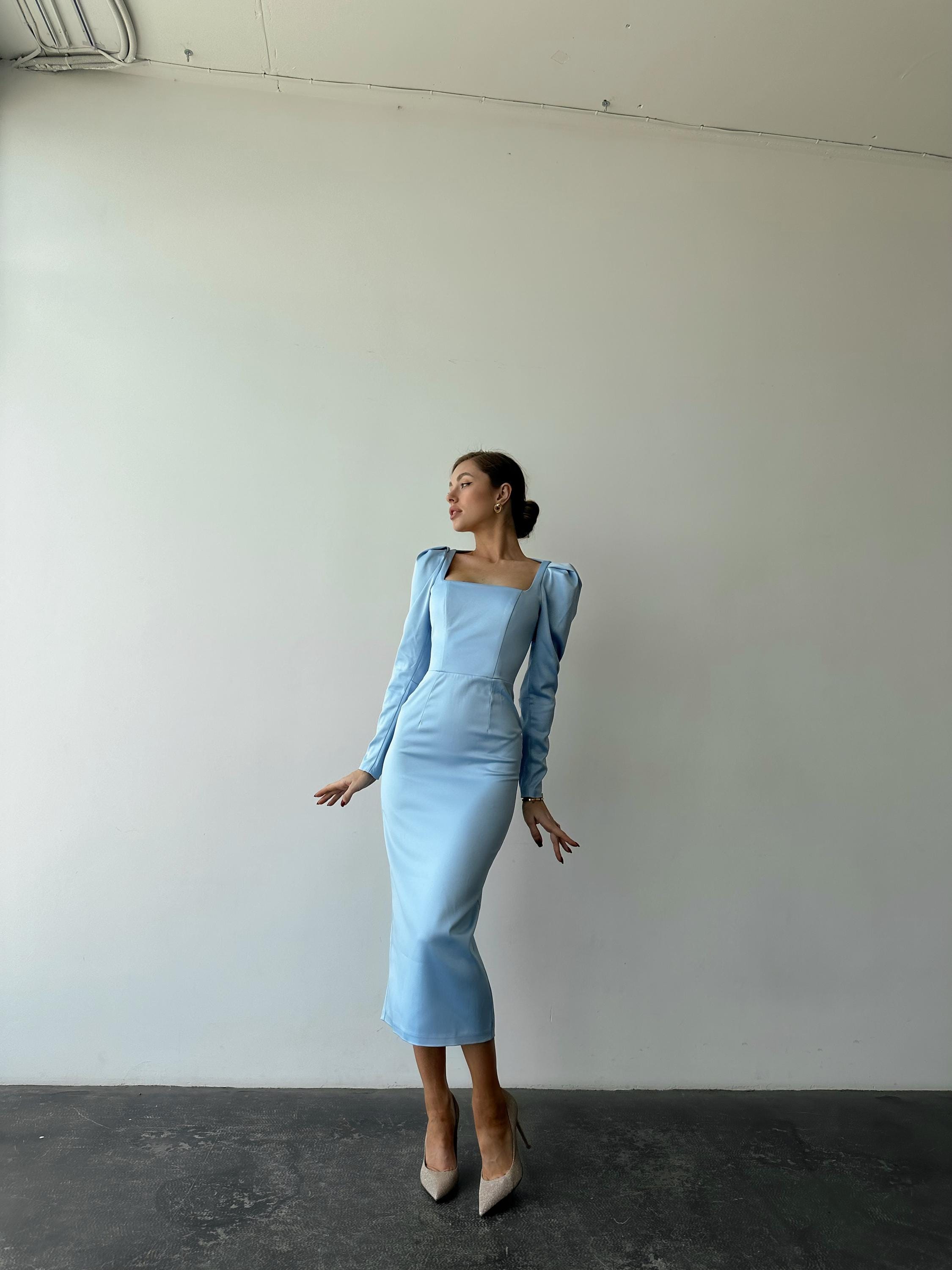 Ice Blue Satin Midi Dress With Long Sleeves and Open Back, Cocktail and  Wedding Guest Look