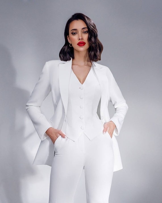 White Formal Pantsuit for Women, White Formal Pants Suit Set for Women,  Courthouse Wedding Suit for Bride, Bridal Pantsuit Set 