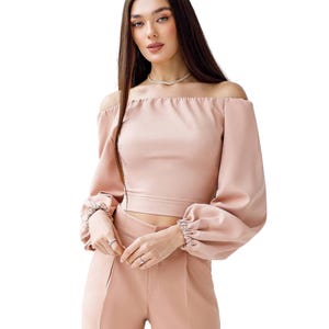 Beige Off-the-shoulder Crop Top with Long Sleeves, Off shoulder Blouse, Long Sleeve Crop top midriff, Beige Long sleeve crop top Womens