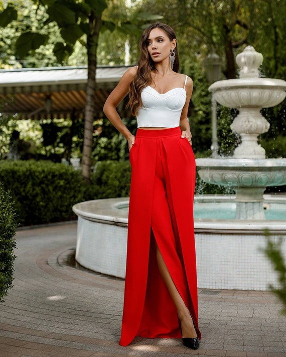 Rote Hose mit weitem Bein und hohem Schlitz vorne, rote Palazzohose mit  hoher Taille für Frauen, hohe Hose für besondere Anlässe - .de