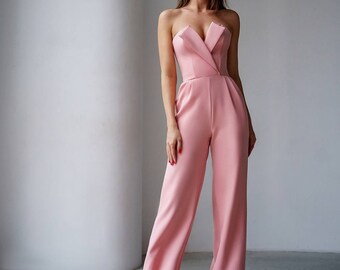 Light Pink Formal romper Womens, Bridal Jumpsuit, Women Onepiece for Wedding Reception, Wide Leg Jumpsuit, Sleeveless Jumpsuit with Corset