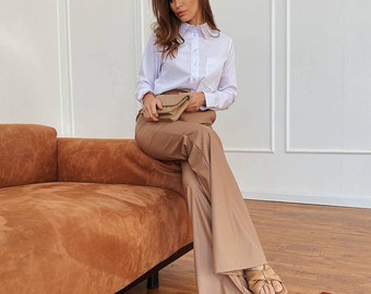 beige leather look trousers