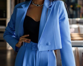Blue Pantsuit for Women with Cropped Buttoned Blazer and Wide Pants