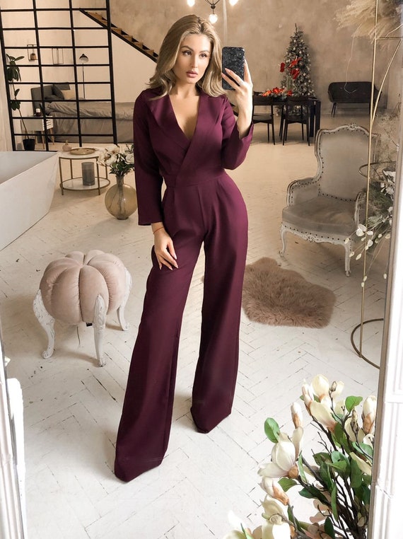 Burgundy Formal Jumpsuit Womens, Women Burgundy Jumpsuit, Women Onepiece  for Wedding Reception, Birthday Outfit, Jumpsuit With Long Sleeves 