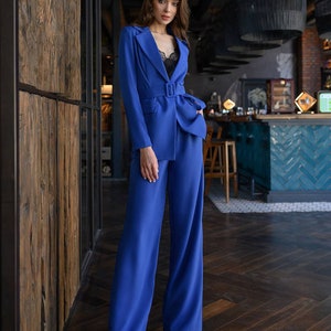 Blue Blazer Suit Set for Women, Wide Leg Pants High Rise, Belted Red Blazer for Women, Blue Trouser Blazer Set for Women