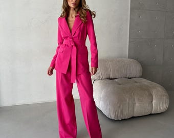 Hot Pink Pantsuit for TALL Women with Belted Blazer and palazzo pants