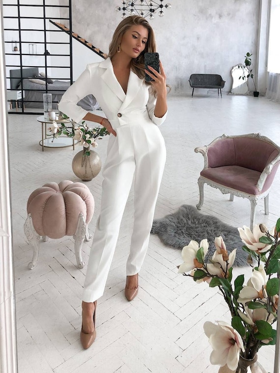 White Formal Jumpsuit for Women, White Bridal Jumpsuit, White