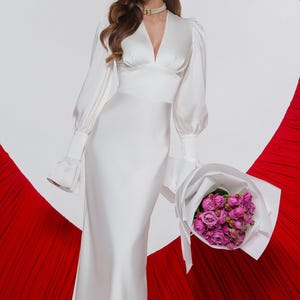 White Maxi Satin Plunging Neckline Dress with ruffled long sleeves for Civil Wedding, Elopement, Courthouse registration, Bridal Change Gown