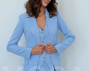 Light Blue Womens Blazer Suit, 3-piece womens Pantsuit set, Blue Blazer Trouser Suit for Women, Blazer Suit Set for Ladies